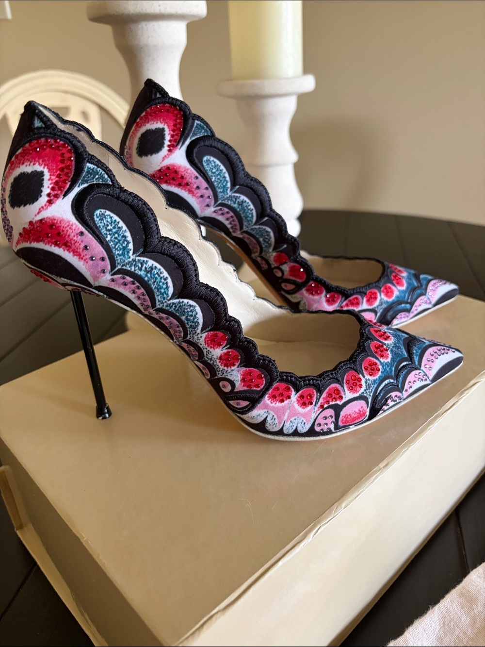 Sophia Webster Pink, Black & White Scalloped Embroidered Stiletto Pumps  Sz 6.5
